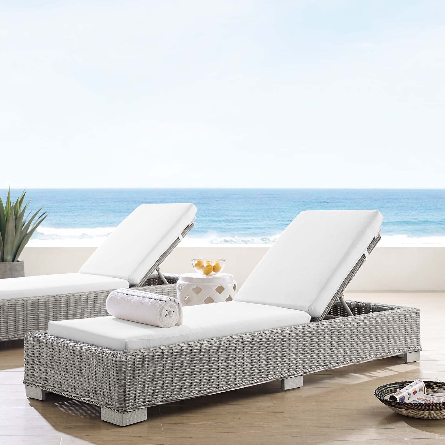 Oahu Sunbrella Rattan Chaise Lounge in Light Gray White Patio and Garden Collection Shop Living Gardens