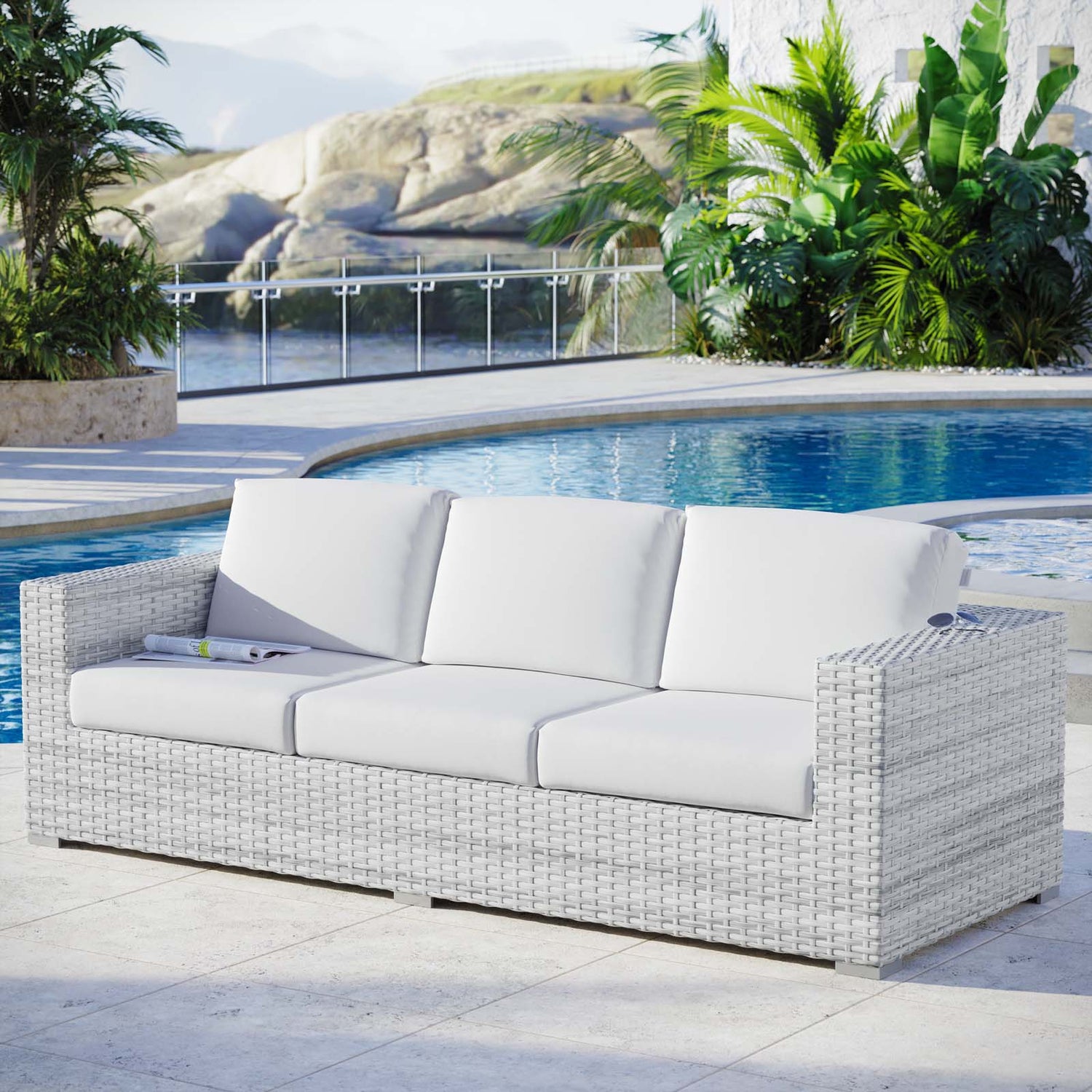 Outdoor sofa outlet with white cushions